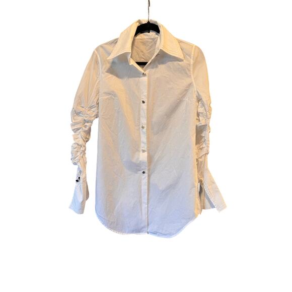 Magaschoni Women’s White Button-Down Shirt with Ruched Sleeves Size Small - Picture 1 of 9